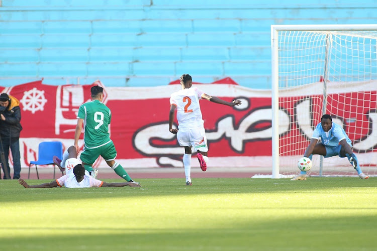 Baghdad Bounedjah scores goal for Algeria in the 2023 African Cup of Nations qualifier against Niger and Algeria at Rades Stadium in Tunis, Tunisia on March 27 2023.