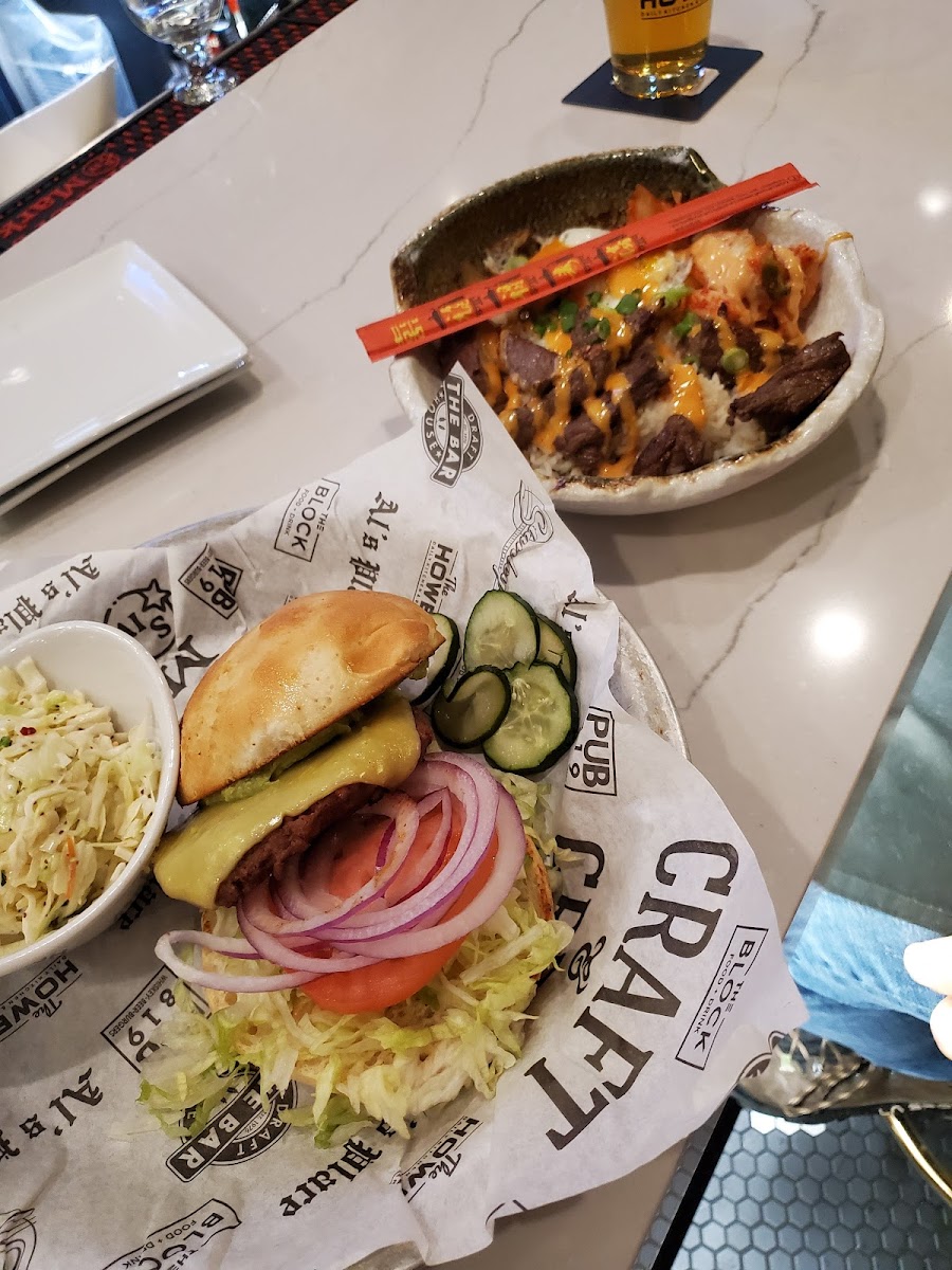 GF Beyond Burger w/ Coleslaw and the gluten friendly Korean BBQ YumYum bowl