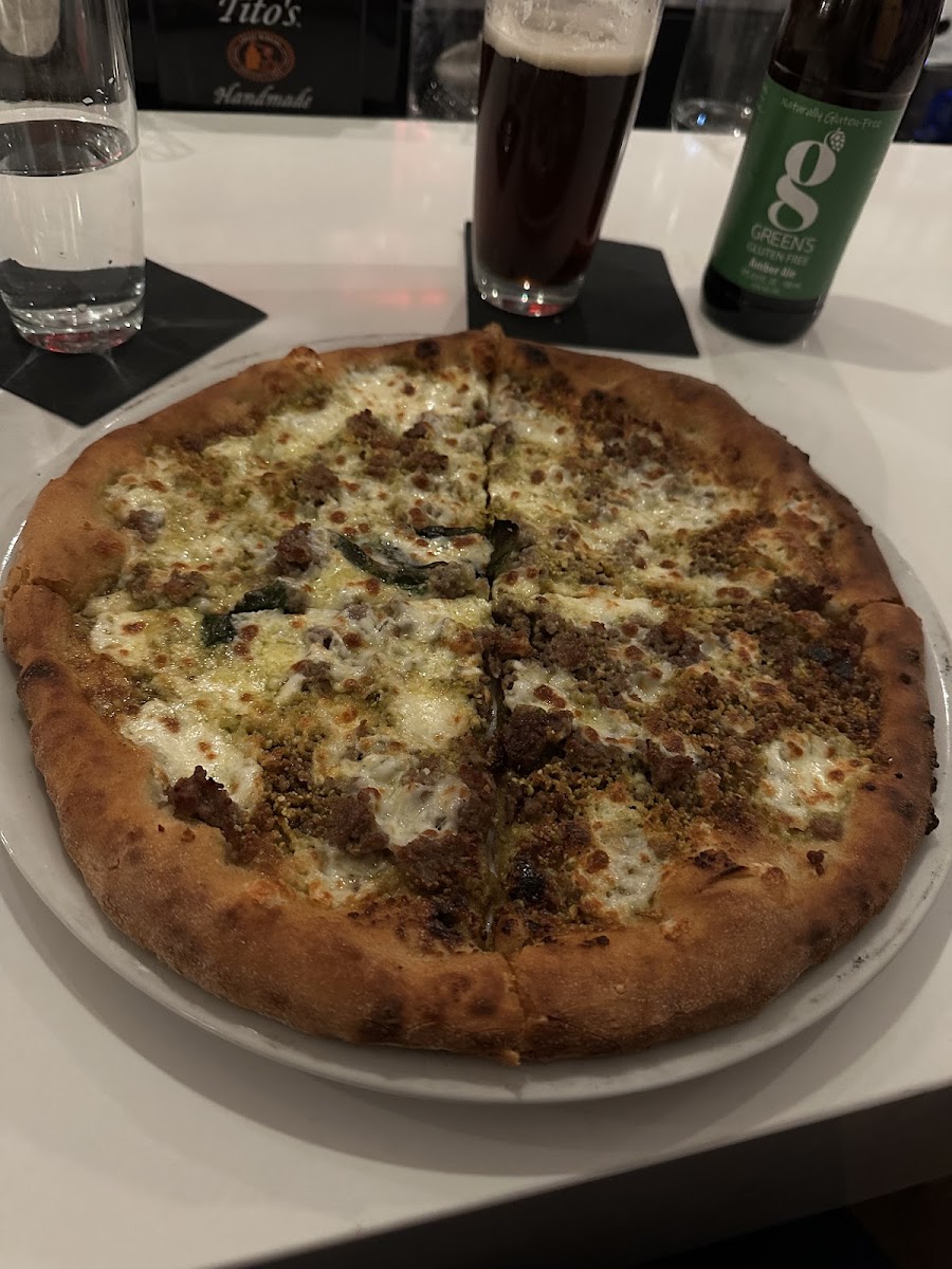Suasage and Pistachio Pesto Pizza. SO GOOD!