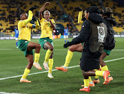 Thembi Kgatlana of South Africa celebrates with teammates after scoring her team's third goal during the Fifa Women's World Cup group G match against Italy at Wellington Regional Stadium on August 2 2023 in Wellington, New Zealand.
