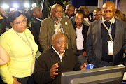 Deputy president Cyril Ramaphoza,Nomvula Mokonyane , Secretary General Gwede Mantashe ,c, and Ronie Momoepa  at National Results Operations Centre in Tshwane. PHOTO: ANTONIO MUCHAVE/SOWETAN