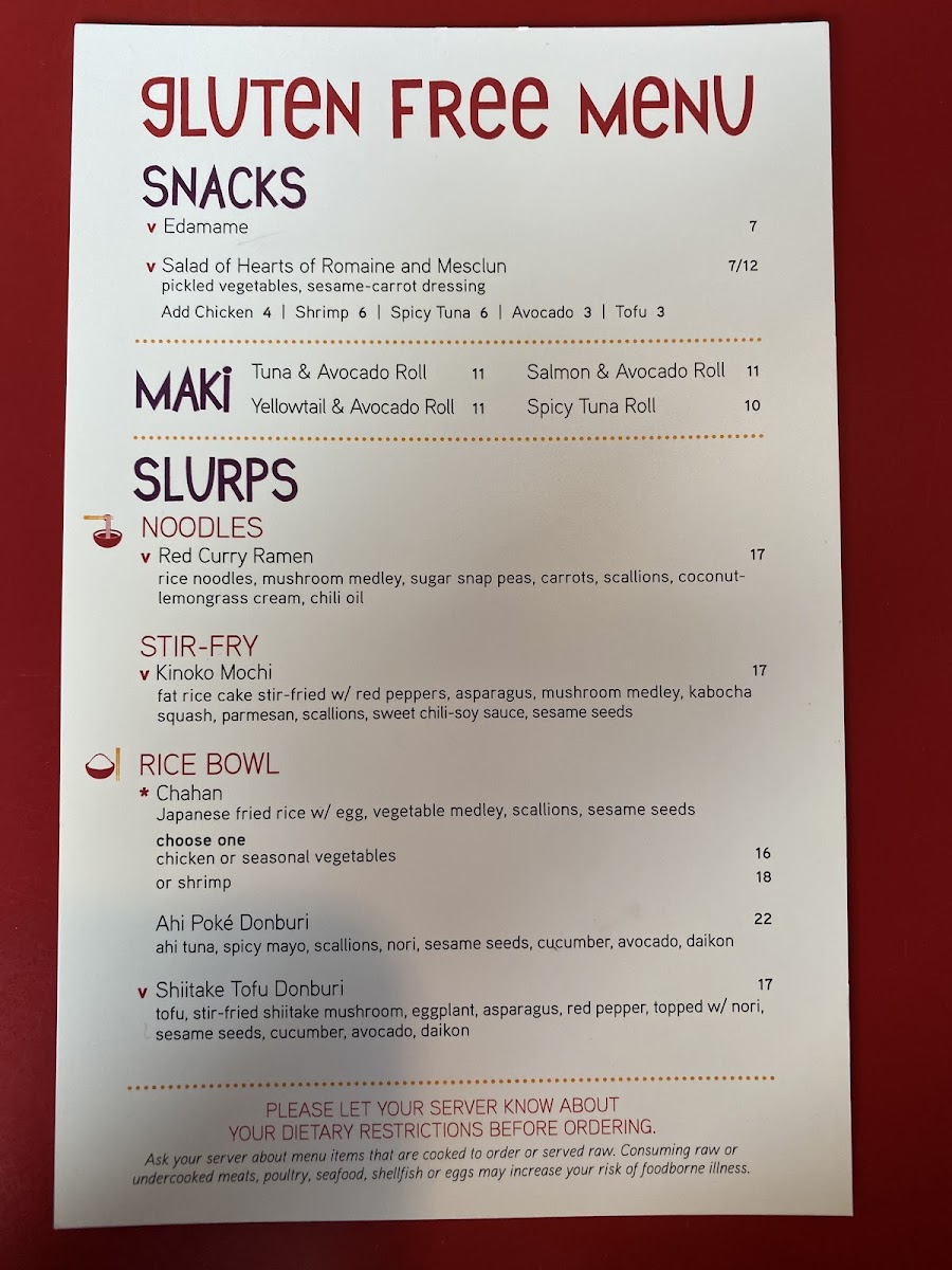 Slurping Turtle gluten-free menu