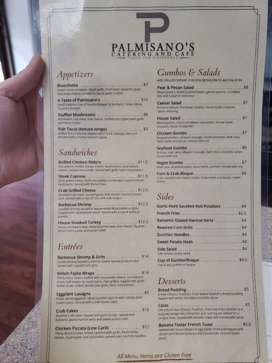 Palmisano's Catering and Cafe gluten-free menu