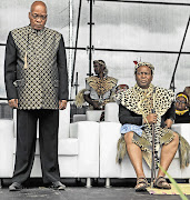 President Jacob Zuma and King Goodwill Zwelithini at Sunday's event in Nquthu, northern KwaZulu-Natal, at which the 133rd anniversary of the Battle of Isandlwana was commemorated. The king has been accused of insulting gays Picture: TEBOGO LETSIE