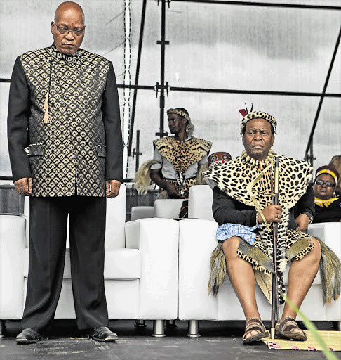 President Jacob Zuma and King Goodwill Zwelithini at Sunday's event in Nquthu, northern KwaZulu-Natal, at which the 133rd anniversary of the Battle of Isandlwana was commemorated. The king has been accused of insulting gays Picture: TEBOGO LETSIE