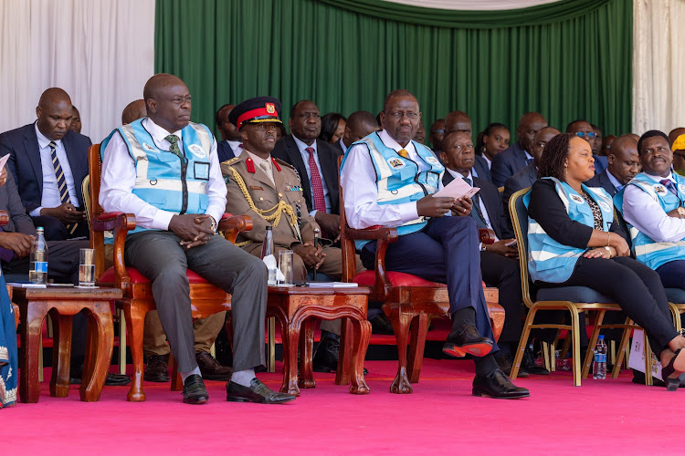 Deputy President Rigathi Gachagua and President William Ruto among leaders during the unveiling of 100,000 Community Health Promoters kits to 47 County Governments at Uhuru Park, Nairobi County on September 25, 2023.