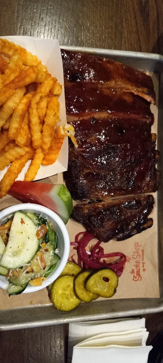 1/2 rack of ribs, fries, and zucchini salad