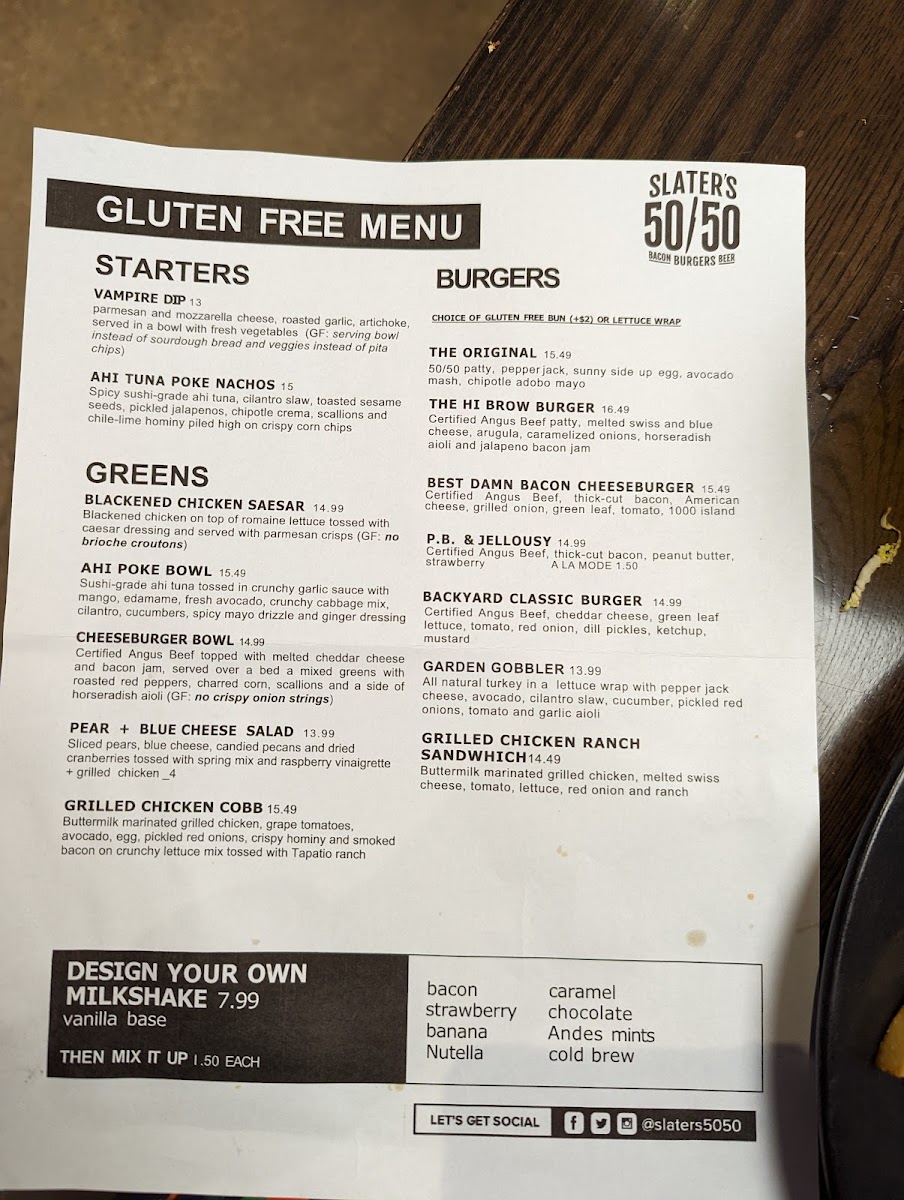 Slater's 50/50 gluten-free menu