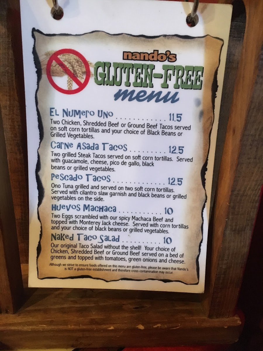 Nando's Mexican Cafe gluten-free menu
