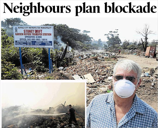TAKING A STAND: Anthony Gower of the Stoney Drift/Amalinda Residents Association wants the Stoney Drift tip shut down. Residents plan to protest the toxic fumes next week. INSET: BCM fire fighters battle the burning refuse site in this file picture Pictures: ALAN EASON