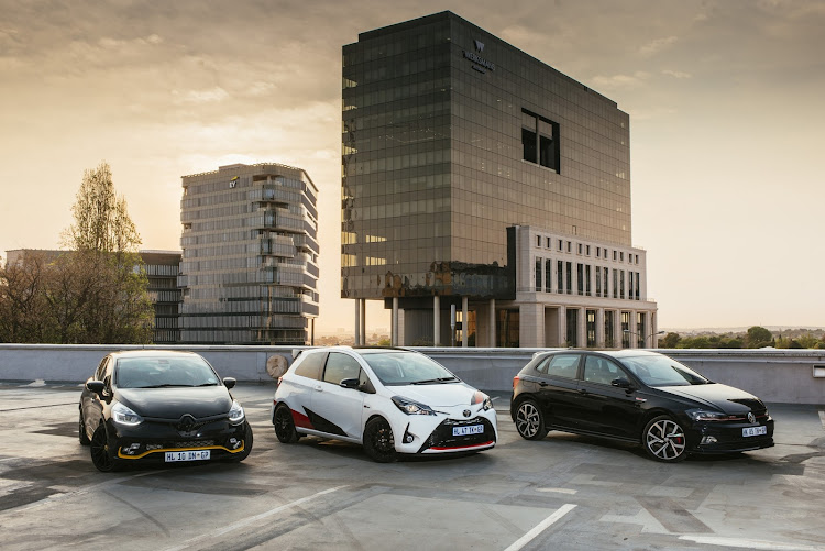 From left: Renault Clio RS18 F1, Toyota Yaris GRMN and VW Polo GTI.