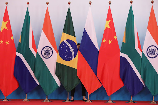 The flags of China, SA, India, Brazil and Russia. Picture: BLOOMBERG