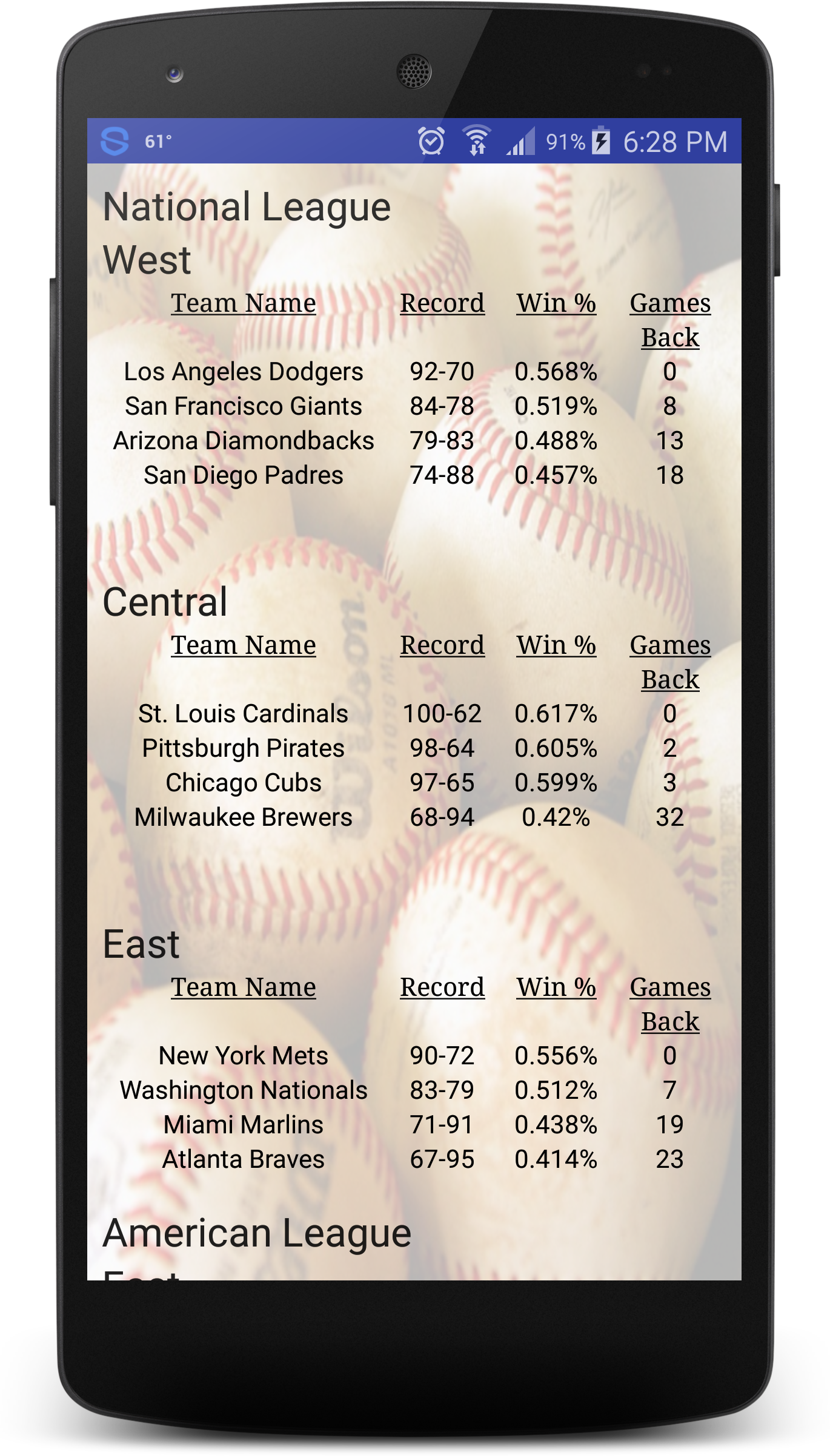 Android application Baseball Standings screenshort