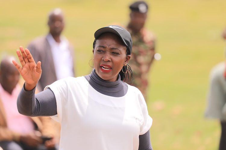 Environment, Climate Change and Forestry Cabinet Secretary Soipan Tuya at Nashulai Conservancy Training College in Narok West during a graduation ceremony of 39 Narok County enforcement officers on May 6, 2024.