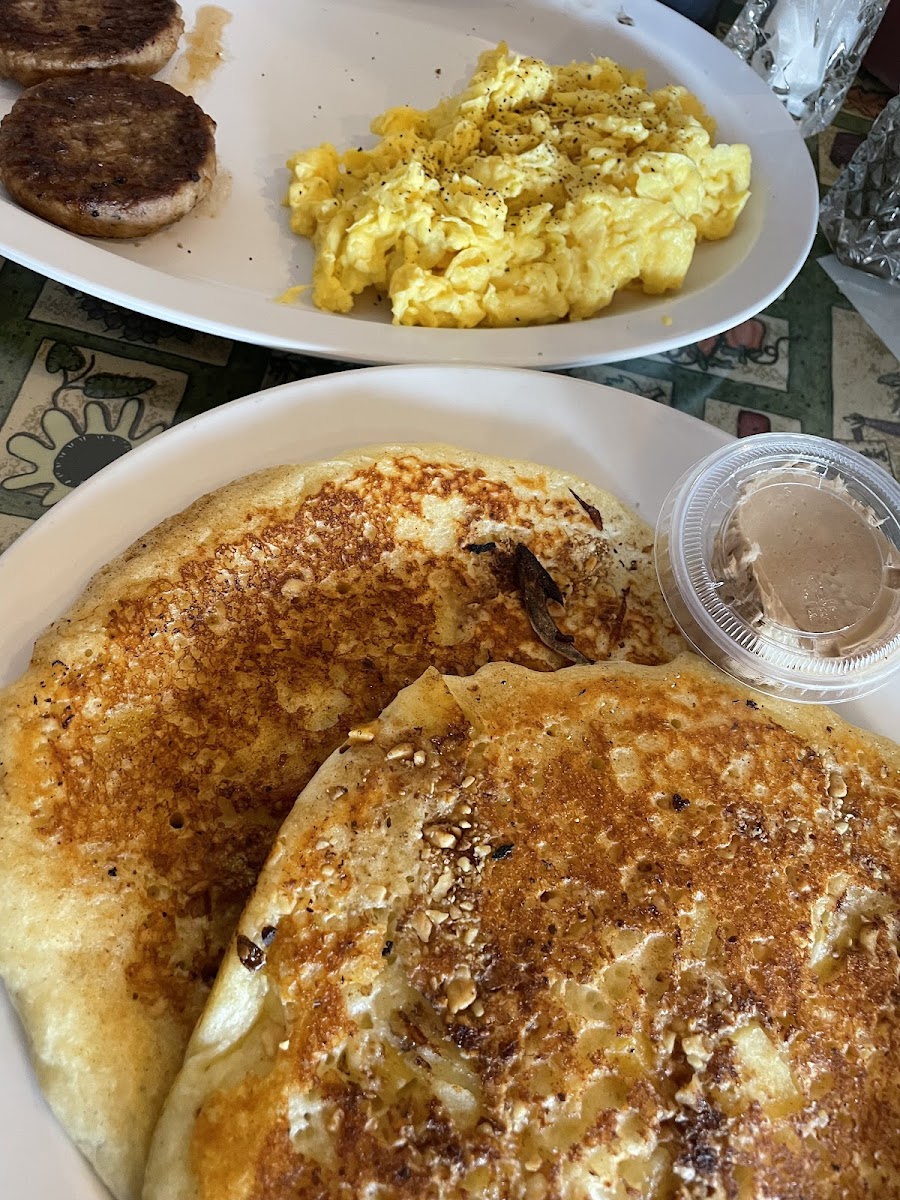 Apple walnut pancakes with maple butter. Eggs and sausage!