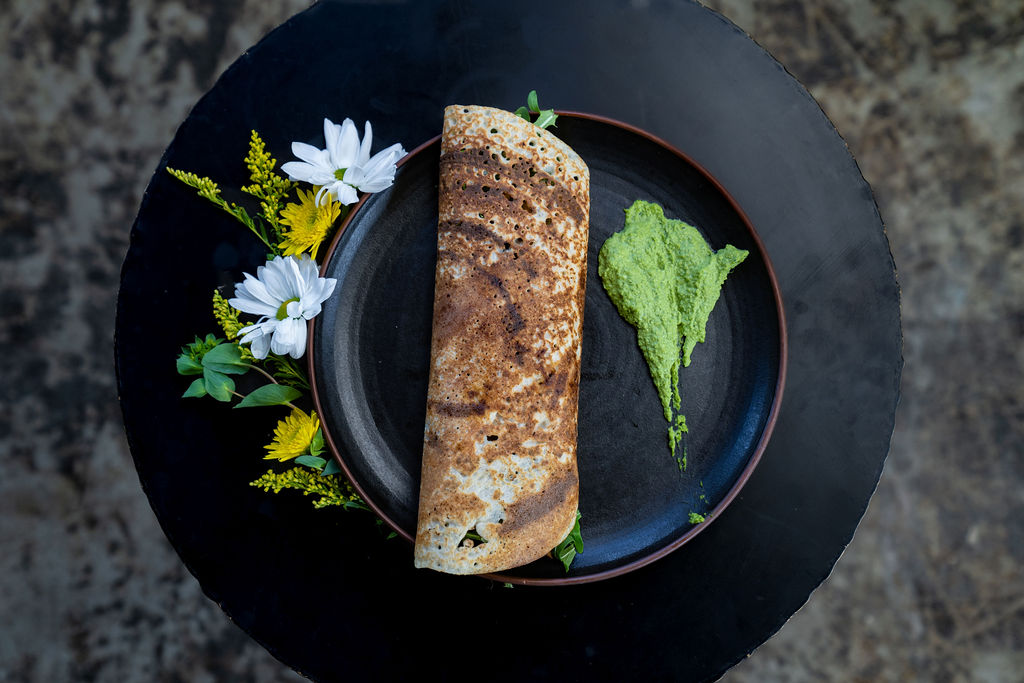 Green Chicken Mojo Dosa (df, gf) // roasted chicken, poblano pepper, caramelized onion + arugula + basil green goddess