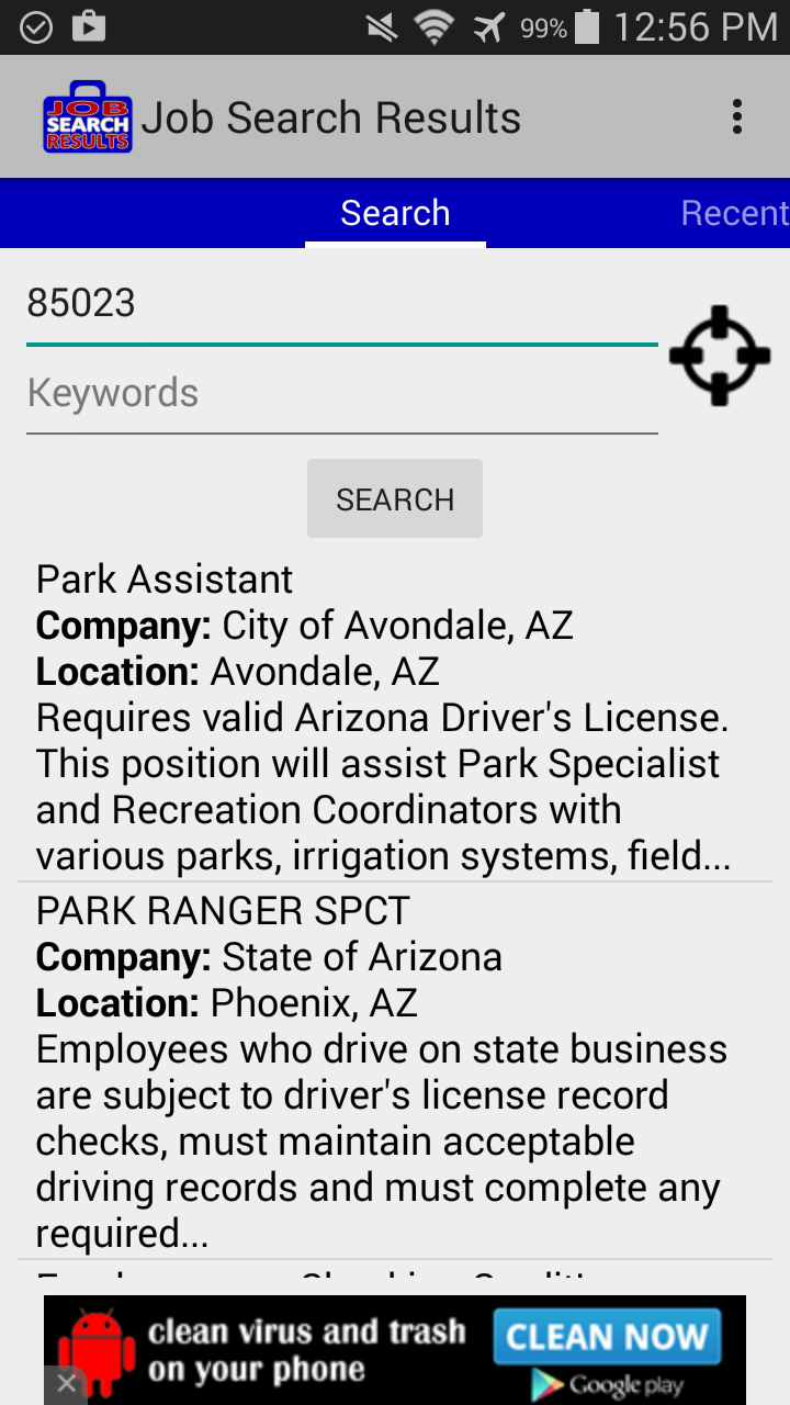 Android application Job Search Results screenshort
