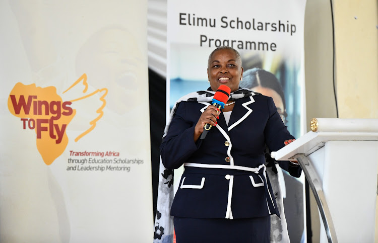 Equity Group Associate Director for Public Sector and Institutional Banking, Ambassador Mary Mugwanja addressing Wings to Fly and Elimu Scholarship programnes drawn Rift Valley region in Nakuru High.