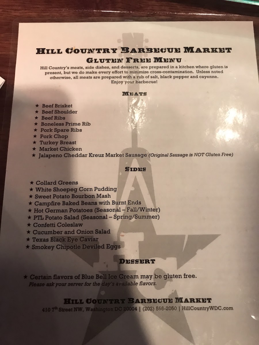 Hill Country Barbecue gluten-free menu