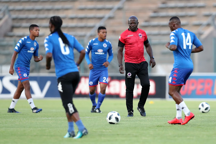 SuperSport United caretaker coach Kaitano Tembo taking charge of a warm-up session during the Absa Premiership match against Polokwane City at Lucas Moripe Stadium, Atteridgeville South Africa on 23 January 2018.