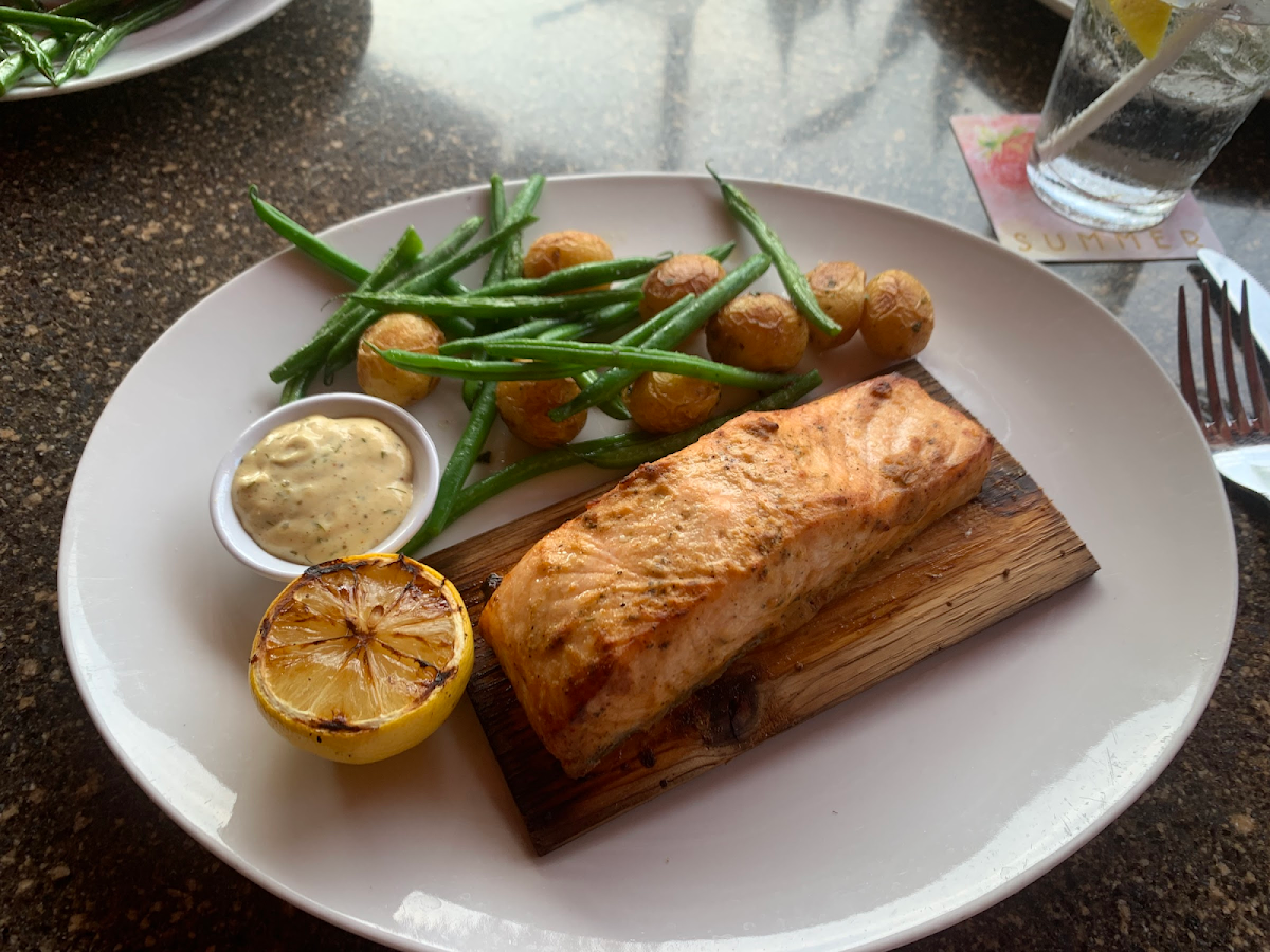 Cedar Plank Roasted Salmon with French Green Beans, marble potatoes and dill-mustard sauce. All GF.