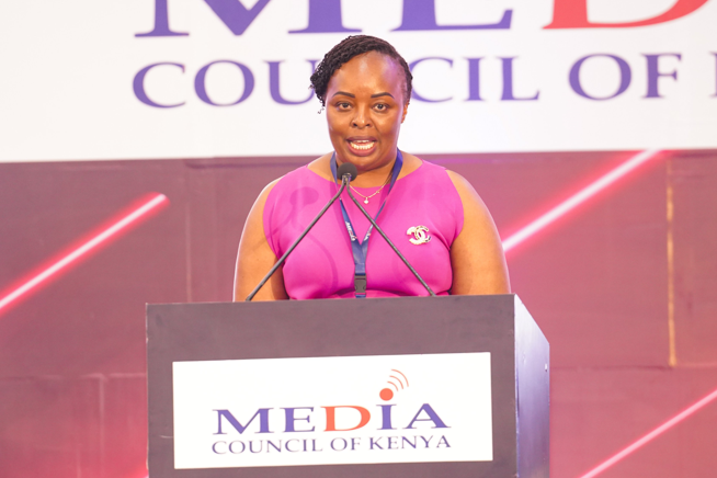 Media Owners Association chairperson and the Star newspaper Chief Operating Officer Agnes Kalekye addresses attendees during the World Press Freedom Day at The Collection of Insurance in South C, Nairobi, May 2, 2024.