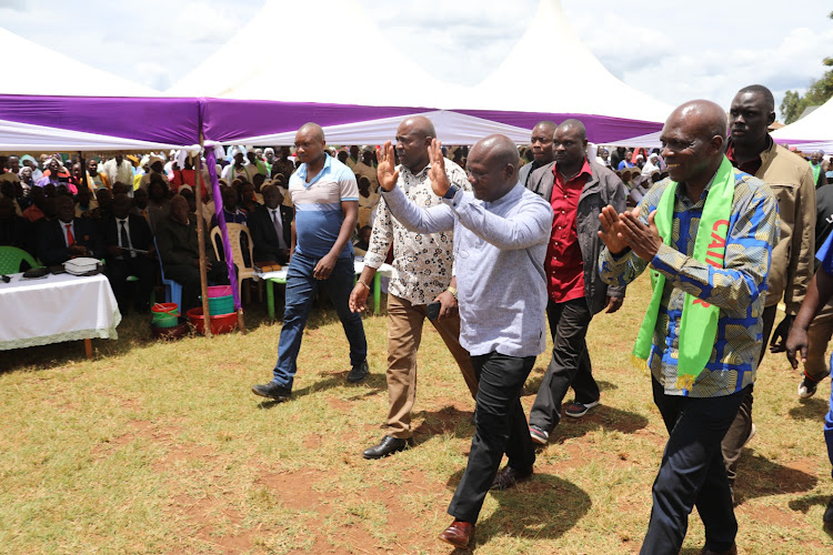 Kakamega Governor Fernandes Barasa arrive at a funeral in Panpaper, Lugari subcounty in Kakamega county on Saturday.