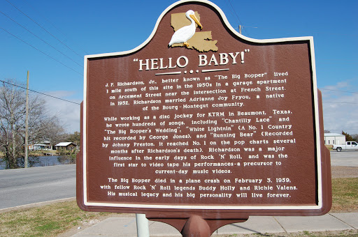 J.P. Richardson, Jr., better known as the "Big Bopper" lived 1 mile south of this site in the 1950s in a garage apartment on Arcement Street near the intersection at French Street. In 1952,...