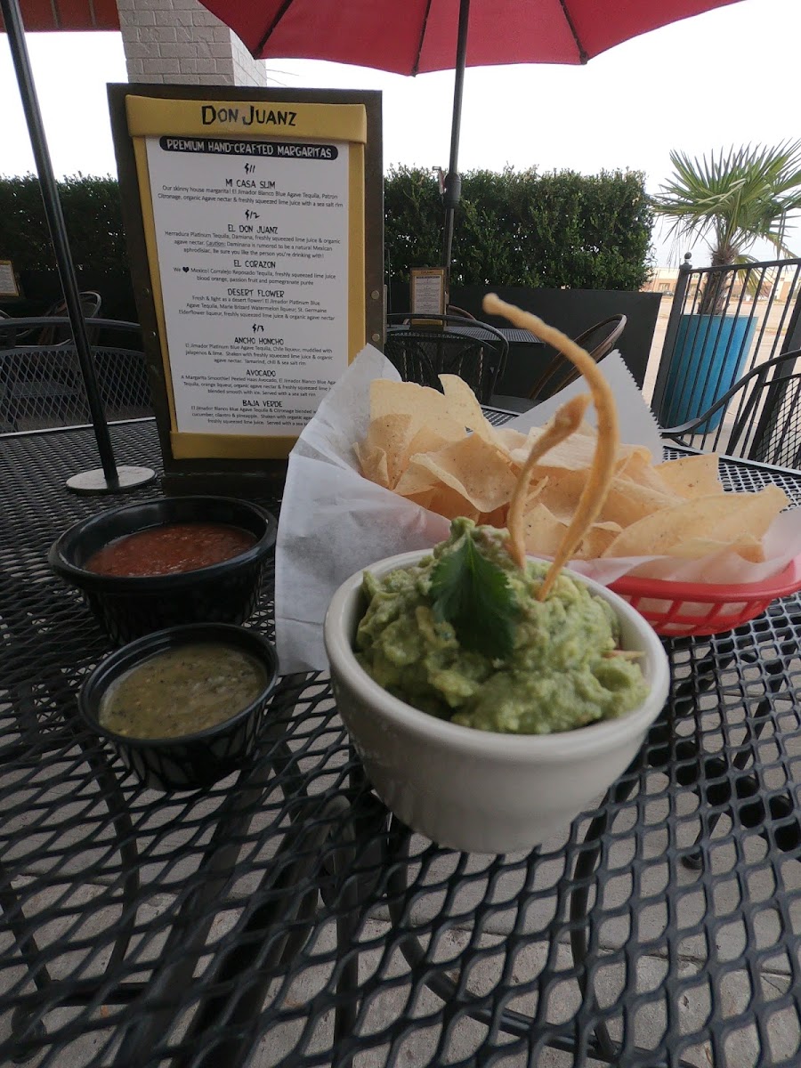 100% GF chips & salsa with freshly made GF guacamole.  Our chips are fried in a dedicated fryer with 100% vegetable oil that produces zero trans fat.