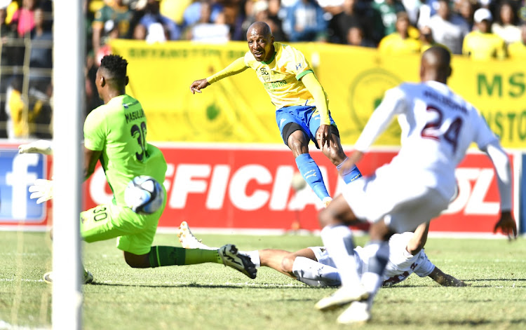 Khuliso Mudau scores Mamelodi Sundowns' opening goal in their Nedbank Cup semifinal win against Stellenbosch FC at Danie Craven Stadium in Stellenbosch on Sunday.