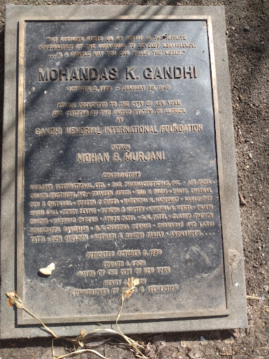 Plaque for a statue of Gandhi in Union Sq. Park, NYC The obscured text on the plaque is Henry J. Stern, Commissioner of Parks and Recreation. Submitted by Jonathan Reiss