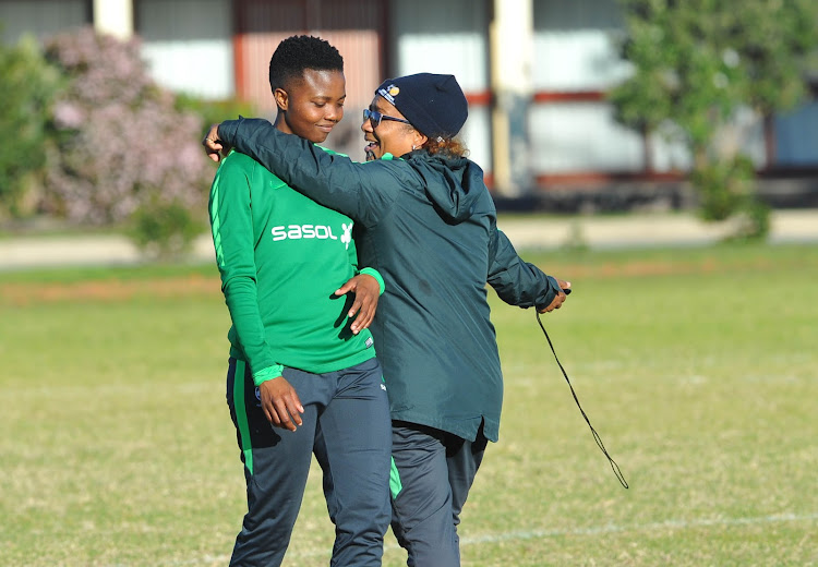 Banyana Banyana coach Desiree Ellis (R) looking in good spirits with defender Bambanani Mbane (L) during South Africa training session on September 10 2018 at Nelson Mandela Metropolitan University in Port Elizabeth.