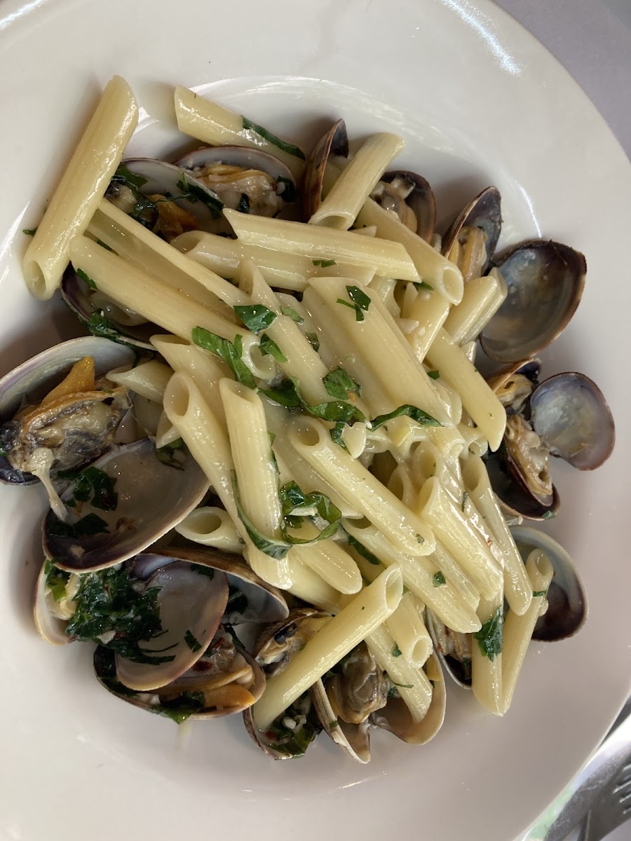 Delicious gluten free penne with clams. Its on the menu as linguini with clams but thr GF pasta option is penne. So good.