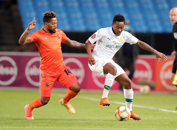 Lebohang Maboe of Mamelodi Sundowns challenged by Edgar Manaka of Polokwane City during the Absa Premiership match between Polokwane City and Mamelodi Sundowns at Loftus Versveld Stadium on September 02, 2020 in Pretoria, South Africa.