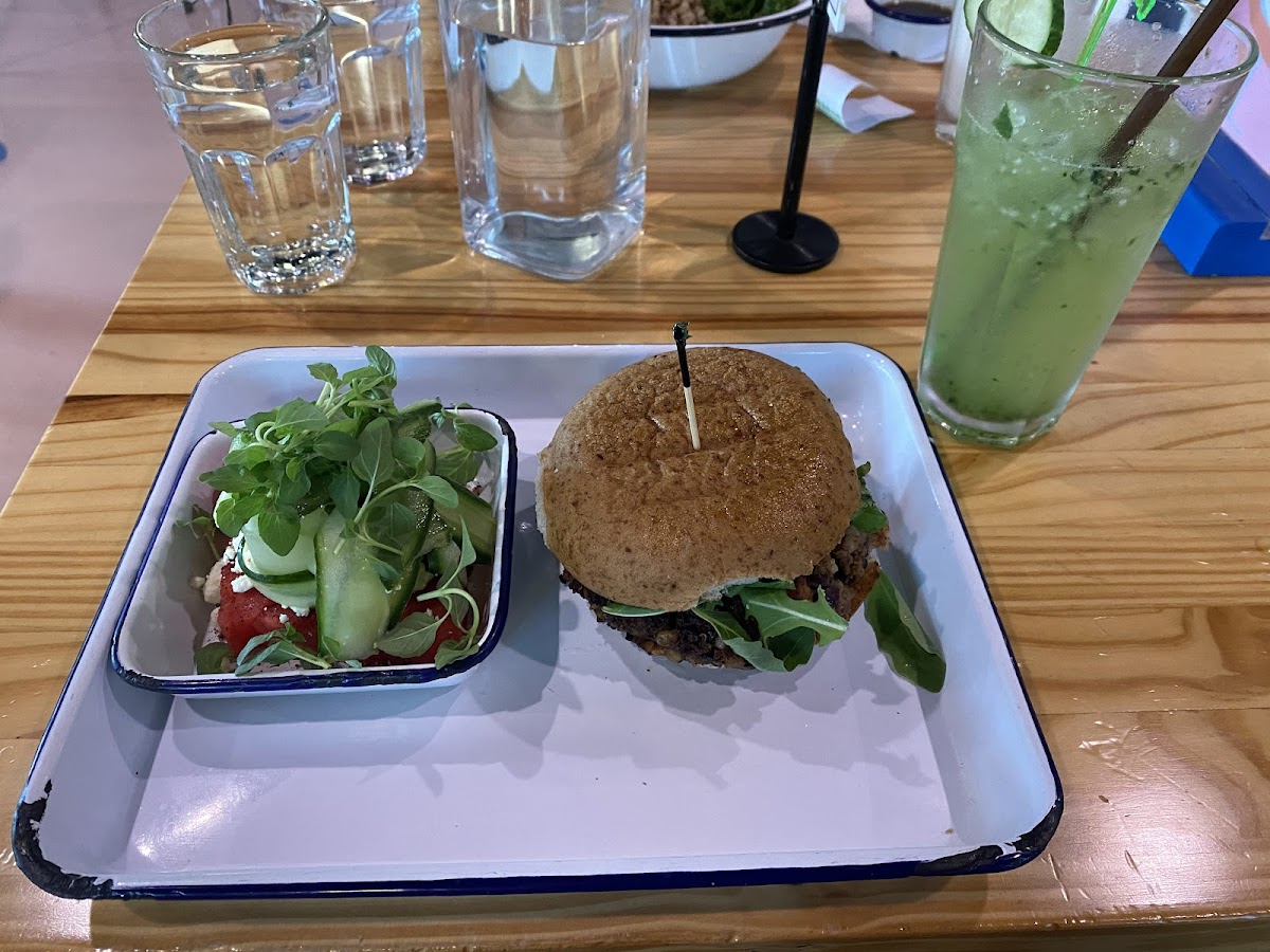 Watermelon salad and veggie burger