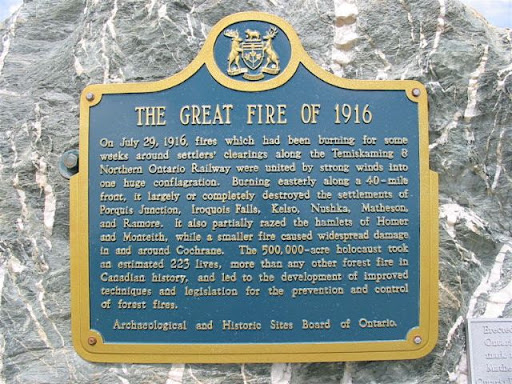 On July 29, 1916, fires which had been burning for some weeks around settlers' clearings along the Timiskaming & Northern Ontario Railway were united by strong winds into one huge conflagration....