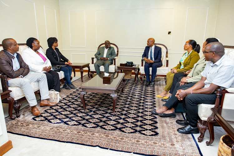 Deputy President Rigathi Gachagua during a meeting with Rwanda Minister of Justice and Attorney General Emmanuel Ugirashebuja and other officials in Kigali, Rwanda on April 6, 2024.