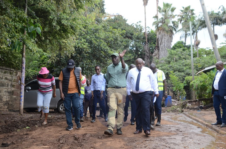 Nairobi governor Johnson Sakaja together with county officials toured parts of Kileleshwa, Kilimani and Kawagware where some of the residents were affected with floods following the heavy downpours on April 22, 2024./DOUGLAS OKIDDY
