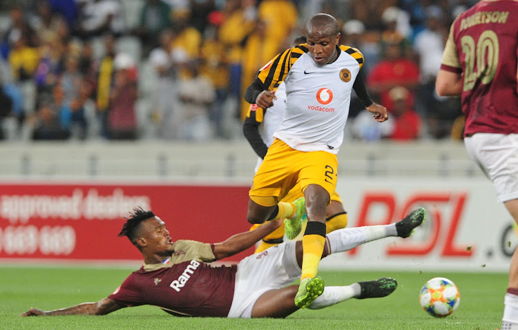 Nkanyiso Zungu tackles Lebogang Manyama before he signed for Orlando Pirates from Stellenbosch FC.