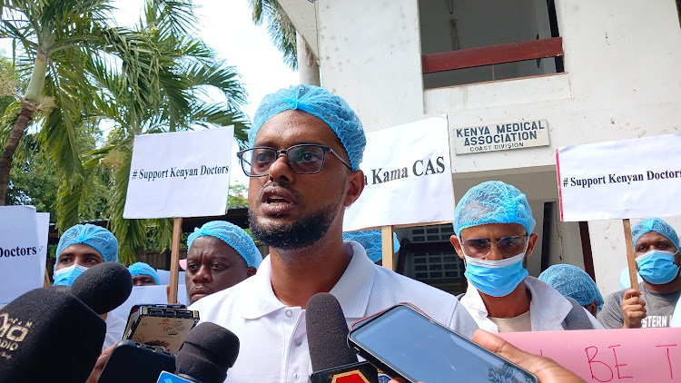 KMPDU coast region branch secretary general Ghalib Salim during the peaceful demonstration in Mombasa