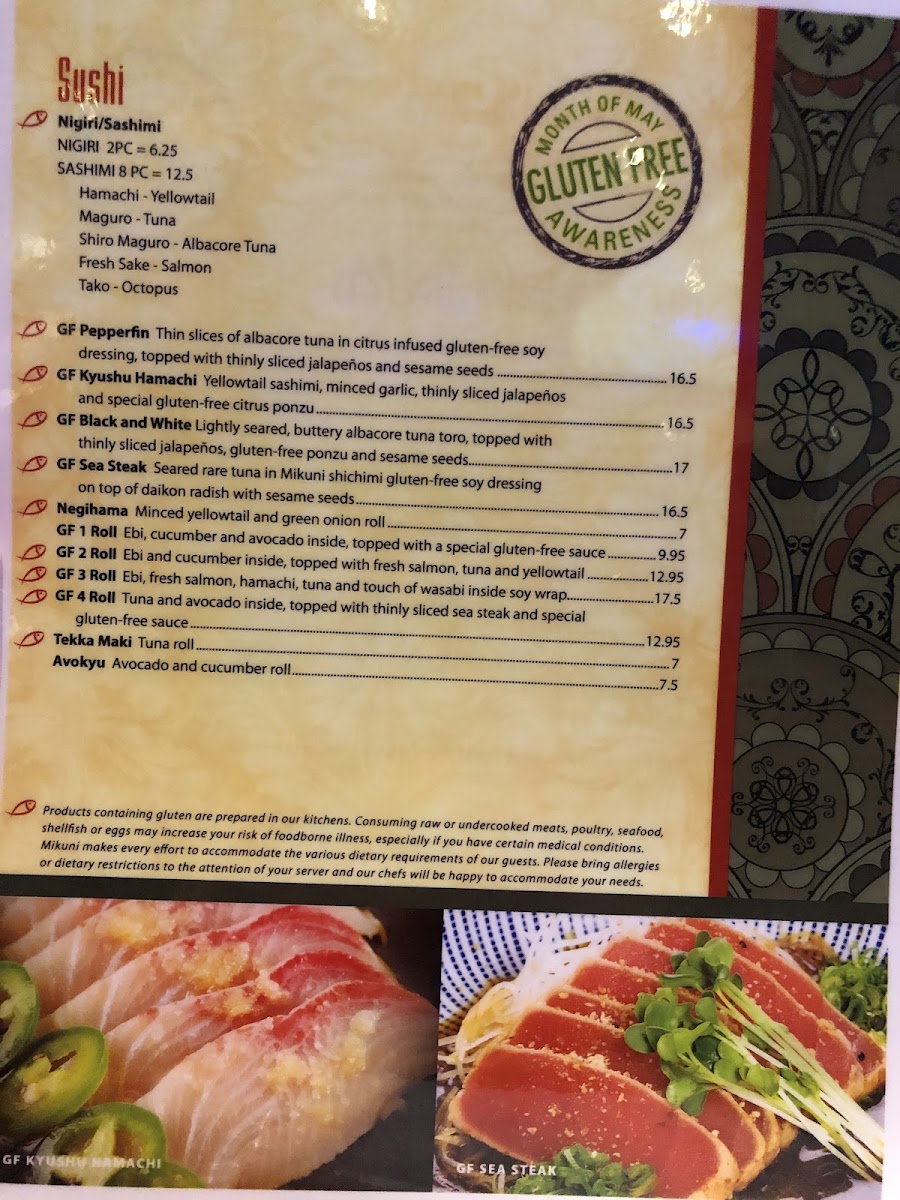 Mikuni gluten-free menu