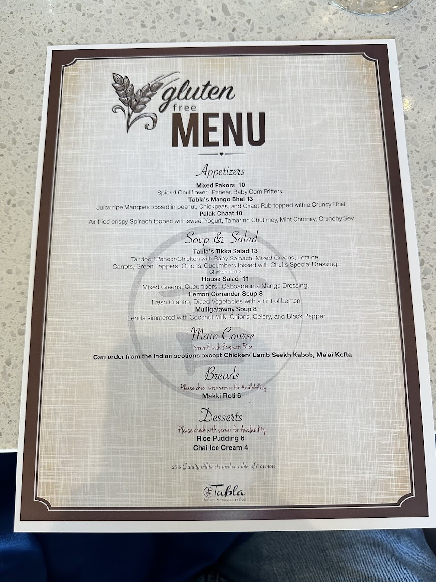 Tabla Indian Restaurant gluten-free menu