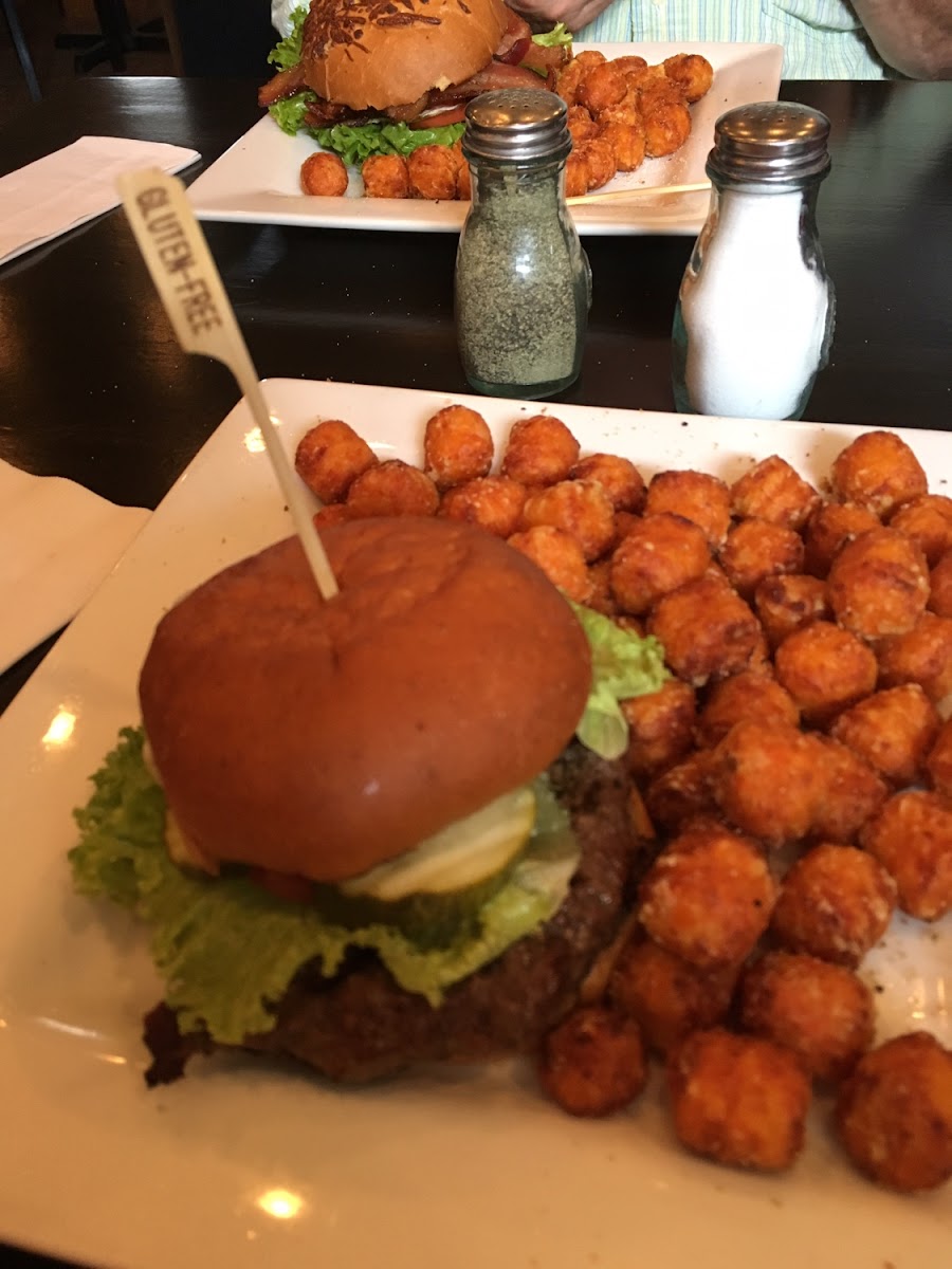 Bison burger with GF bun and sweet potato tater tots. Delish!