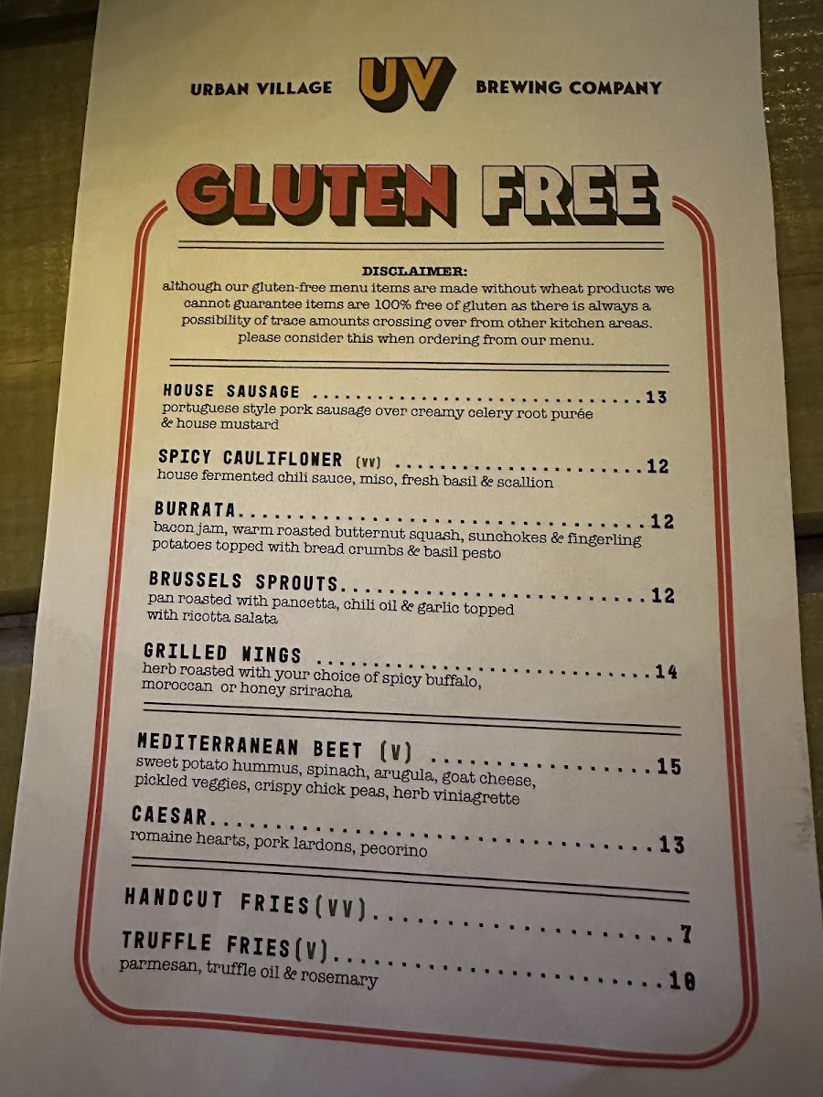 Urban Village Brewing Company gluten-free menu