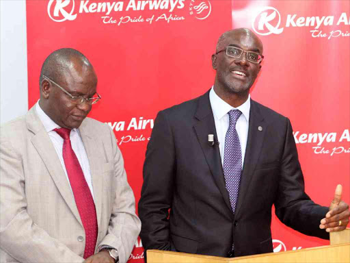 KQ acting chief finance officer Dick Muriuki with MD Mbuvi Ngunze during the briefing yesterday /ENOS TECHE