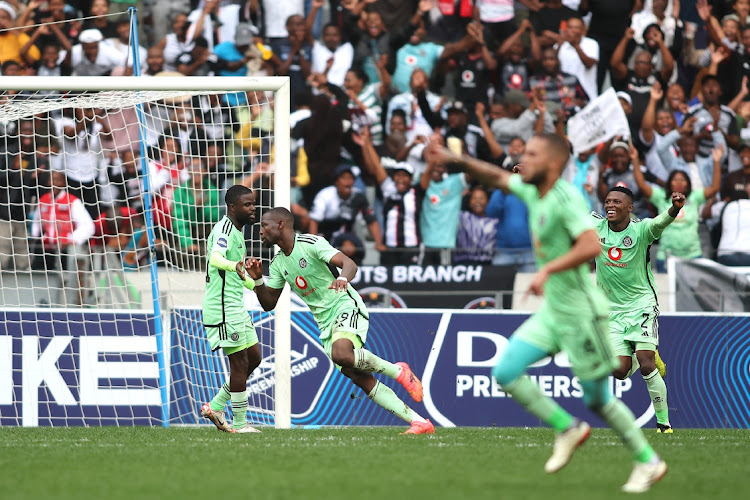 Tshegofatso Mabasa celebrates scoring his second goal for Orlando Pirates in their DStv Premiership win against Cape Town City at Cape Town Stadium on Sunday.