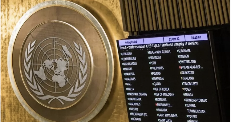 A screen at the UN in New York shows how some nations voted with green, red and yellow markers