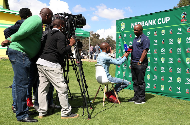 Mamelodi Sundowns head coach Pitso Mosimane conducts media interviews at the club's training base in Chloorkop during the Nedbank Cup media day on Thursday April 19 2018.