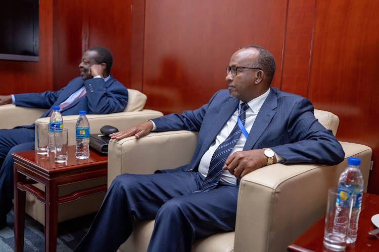 Prime CS Musalia Mudavadi and Ministry of Defence CS Aden Duale at the African Union headquarters during the 37th Ordinary Session of the Assembly of Heads of State and Government in Addis Ababa, Ethiopia on February 18, 2024.