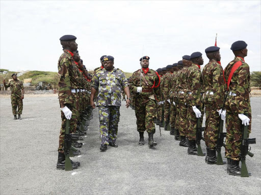 Chief of Defence Forces General Samson Mwathethe inspects a guard of honour mounted by soldiers during KDF Day at Isiolo Barracks, October 14, 2017. /JOSEPH NDUNDA